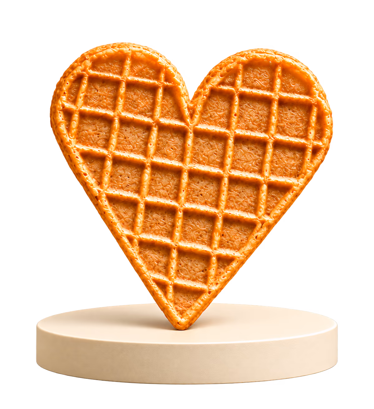 Galleta corazón de barquillo entera sobre un pedestal crema