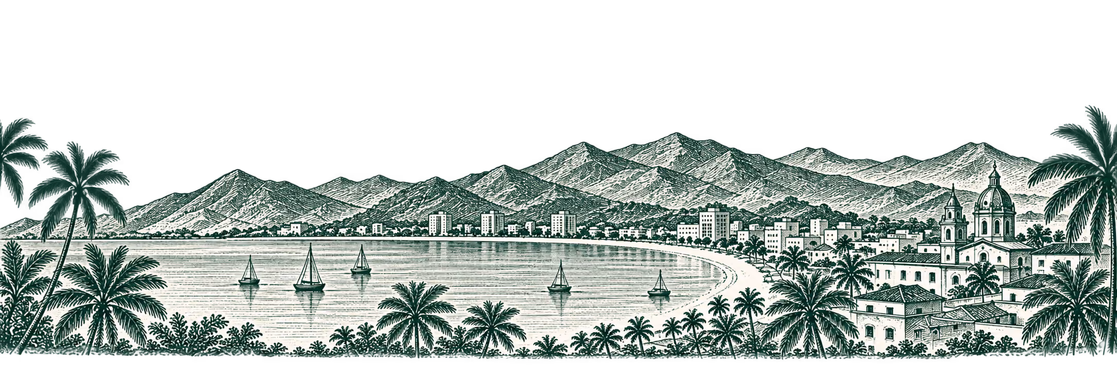 Ilustración de la bahía de Santa Marta con la Sierra Nevada al fondo